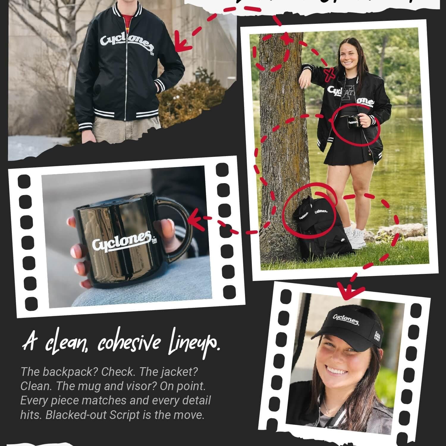 A clean, cohesive lineup: The backpack? Check. The jacket? Clean. The mug and visor? On point. Every piece matches and every detail hits. Blacked-out Script is the move.